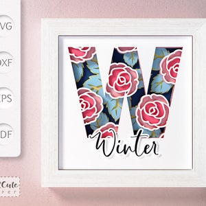 Plantilla SVG de caja de sombra con monograma floral letra W, decoración de pared recortada en papel en capas personalizable con SVG 3D, archivos de corte Sadowbox