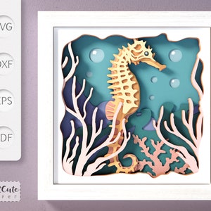Plantilla SVG Seahorse Shadow Box, 3D SVG Sea Life Sadowbox, decoración de pared de casa de playa DIY, corte de papel de caballito de mar de cartulina en capas para Cricut