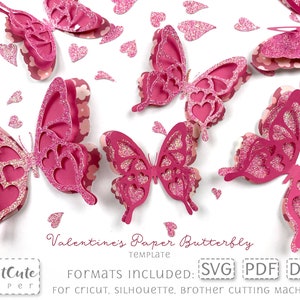 Borboleta SVG para o Dia dos Namorados, corações 3D borboletas SVG, modelo de borboleta de papel, decoração de parede DIY, enfeite de borboleta, artesanato em papel