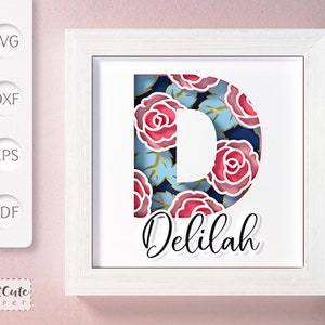 Plantilla SVG de caja de sombra con monograma floral letra D, decoración de pared recortada en papel en capas personalizable con SVG 3D, archivos de corte de caja de sombra