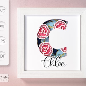 Modello SVG per Shadow Box con monogramma floreale lettera C, decorazione da parete fai da te personalizzabile in formato SVG a strati, file di taglio Sadowbox