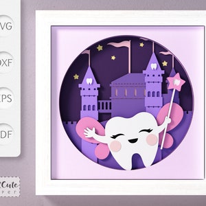 Modelo SVG de caixa de sombra de fada do dente, arte de parede de berçário de papel em camadas para cricut e silhueta, presente diy para crianças