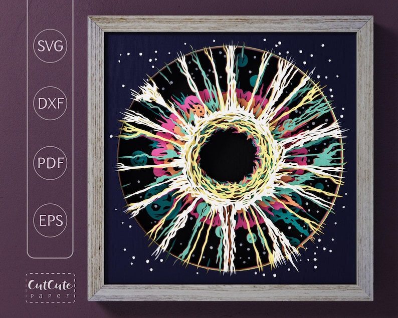 May include: A colorful, abstract design with a black center, resembling a galaxy or a nebula. The design is surrounded by a white background with small white dots.