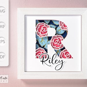 Plantilla SVG de caja de sombra con monograma floral letra R, decoración de pared con corte de papel en capas personalizable, archivos de corte de caja de sombra