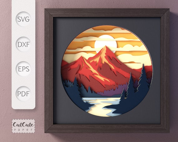 3D Mountain Lake Sunset Shadow Box SVG: Cabin Wall Decor (Digital Download)