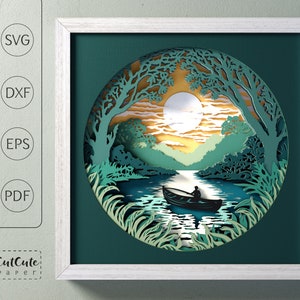 Plantilla SVG de caja de sombras con paisaje de barco en el lago, caja de sombras SVG 3D, decoración de pared de cabaña de bricolaje, papel de cartulina en capas cortado para Cricut y Silhouette