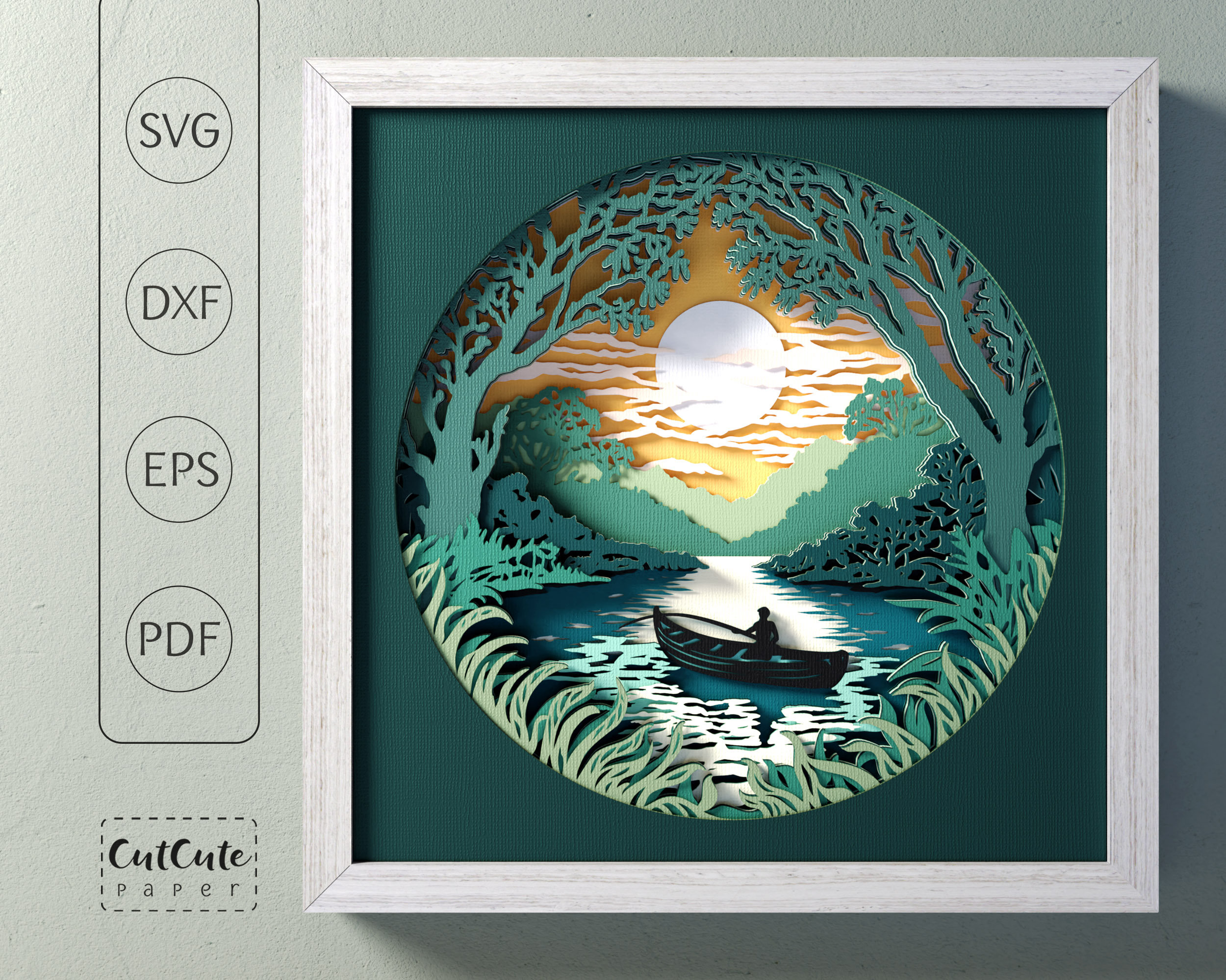 Lake Boat Shadow Box SVG: 3D Landscape Paper Cut Template