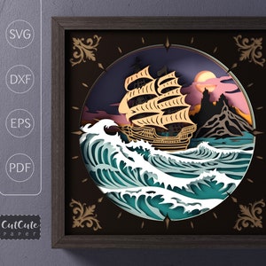 Modèle de boîte voilier SVG, Shadowbox 3D SVG de mer orageuse, papier cartonné en couches découpé pour Cricut, SVG paysage marin