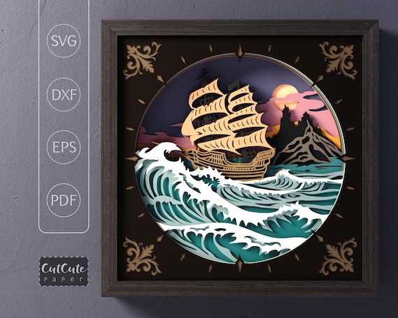 Stormy Sea Sailing Ship Shadow Box SVG Template: Layered Paper Cut