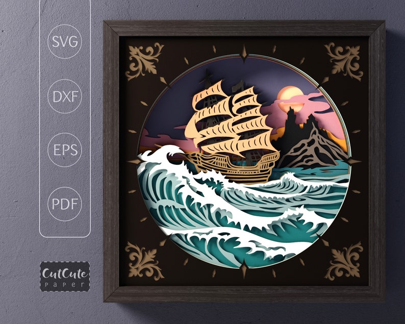 Op de afbeelding: Een papiercraft-ontwerp met een schip dat door een stormachtige zee vaart. Het schip heeft een bruine romp en witte zeilen. De golven zijn blauw en wit, en de lucht is donkerblauw met een roze zonsondergang. Het ontwerp is ingelijst in een donkerhouten lijst.