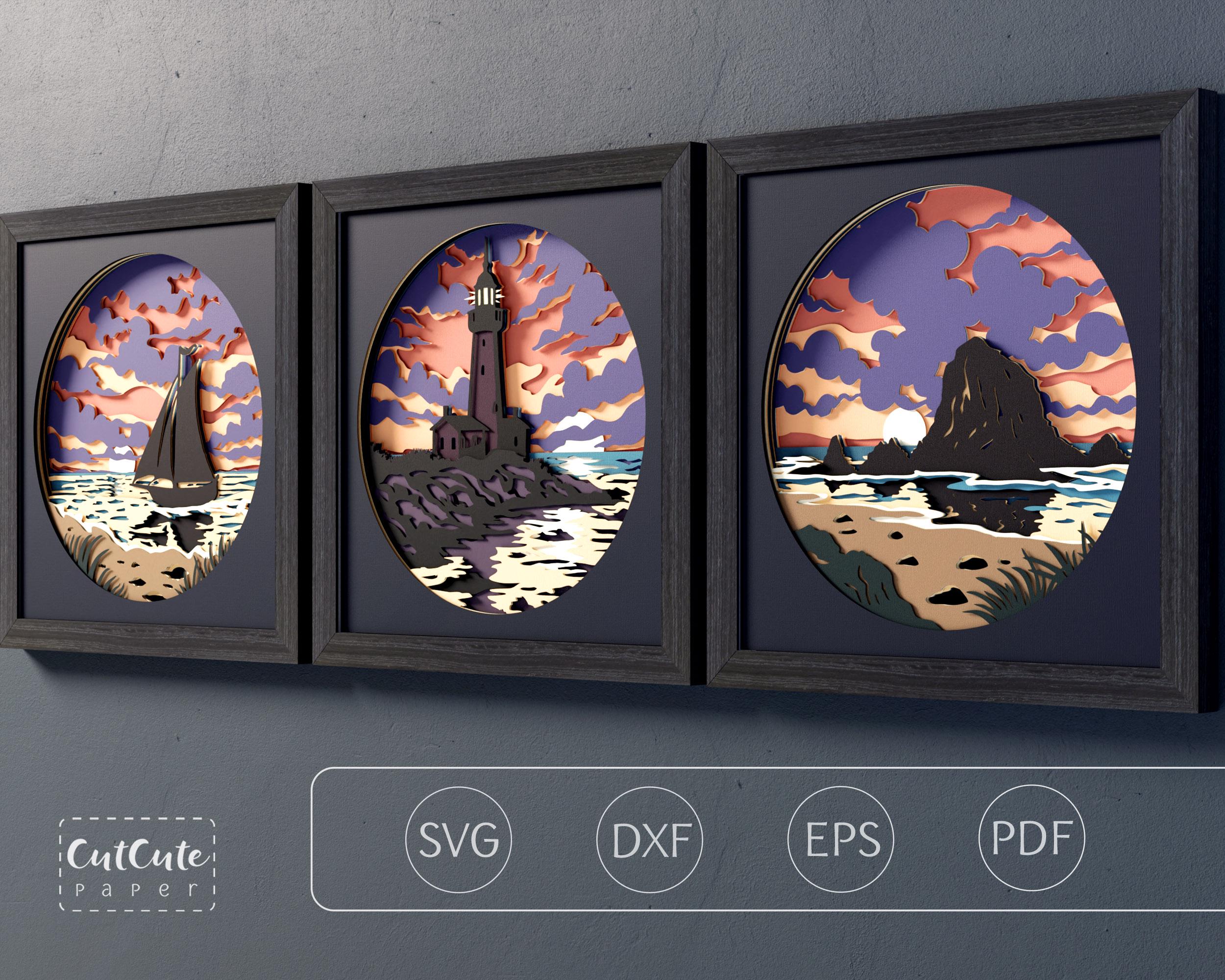 Coastal Shadow Box SVG Bundle, Ocean Sunset Layered Paper Cut Files ...