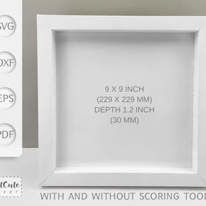 May include: White square frame with a white mat, measuring 9 x 9 inches (229 x 229 mm) and 1.2 inches (30 mm) deep. The text "WITH AND WITHOUT SCORING TOOL" is printed below the frame.