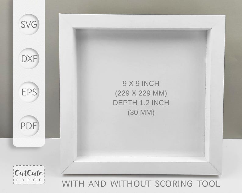 May include: White square frame with a white mat, measuring 9 x 9 inches (229 x 229 mm) and 1.2 inches (30 mm) deep. The text "WITH AND WITHOUT SCORING TOOL" is printed below the frame.