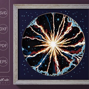 May include: A digital file for a paper cut design of a galaxy with a bright white star in the center. The galaxy is surrounded by a dark blue background with white stars.
