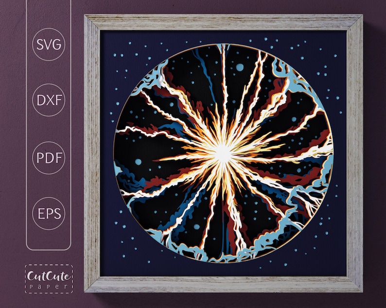 May include: A digital file for a paper cut design of a galaxy with a bright white star in the center. The galaxy is surrounded by a dark blue background with white stars.