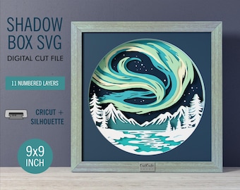 Northern Lights Shadow Box SVG | 3D Layered Mountain Lake Cut File (9x9 Inch)