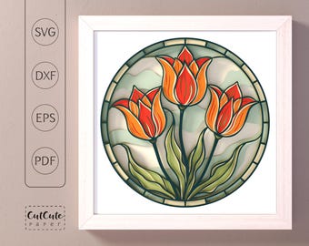 Tulips Shadow Box SVG, Art Nouveau Stained Glass, Paper Cut File (Digital Download)