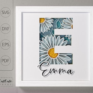 Plantilla SVG de caja de sombra con monograma floral letra E, decoración de pared recortada en papel en capas personalizable DIY con SVG 3D, archivos de corte de caja de sombra de margaritas