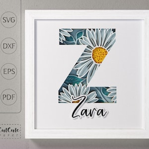 Plantilla SVG de caja de sombra con monograma floral letra Z, decoración de pared recortada en papel en capas personalizable DIY con SVG 3D, archivos de corte de caja de sombra de margaritas