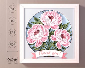 3D Peony Shadow Box SVG: Layered Paper Flower Bouquet (Digital Download