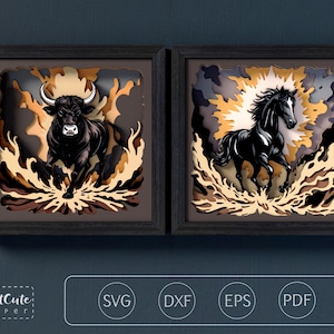 May include: Two framed wall art pieces. One features a black bull with white horns, the other a black horse. Both are layered paper cut designs with a fiery, abstract background. The frames are dark brown.