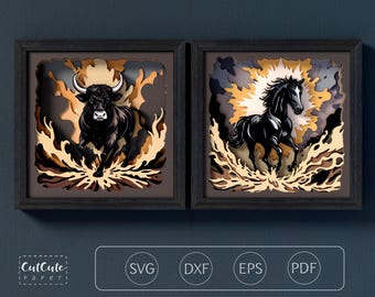 Rodeo Animals Shadow Box SVG, Bull and Horse Layered Wall Art, 2 designs bundle (Digital Files)