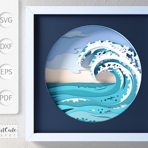 May include: A papercraft design of a blue ocean wave crashing against a sandy beach. The wave is white with blue accents and is framed in a white frame.