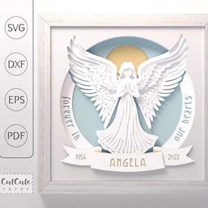 Modello di Shadow Box SVG commemorativo, Shadowbox SVG Angel3D, SVG angelo custode, progetto di carta cartoncino a strati per Cricut
