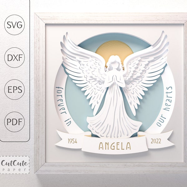 Memorial SVG Shadow Box Template, Angel3D SVG Shadowbox, Guardian Angel SVG, Layered Cardstock Paper Project for Cricut