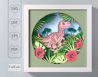 恐竜のシャドーボックス SVG テンプレート: レイヤードペーパーカット保育園アート (9 x 9 インチ)