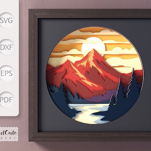 Mountain River Sunset Shadow Box SVG Template