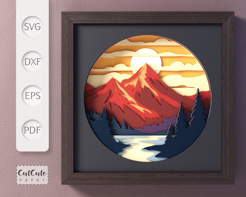 Mountain River Sunset Shadow Box SVG Template