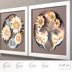 Caixa de sombra SVG de buquê de flores, pacote de modelos, caixa de sombra SVG 3D de flores em vaso, projeto de papel cartão em camadas para Cricut