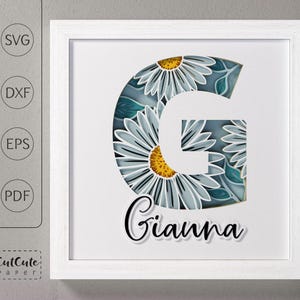 Plantilla SVG de caja de sombra con monograma floral letra G, decoración de pared recortada en papel en capas personalizable DIY con SVG 3D, archivos de corte de caja de sombra de margaritas