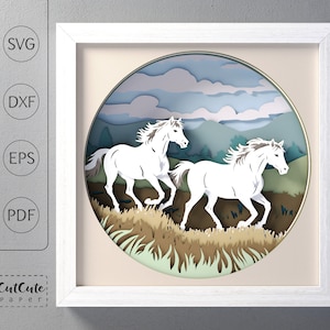 Modèle SVG de boîte d'ombre de chevaux en cours d'exécution, papier découpé en couches, art mural cheval sauvage boîte d'ombre pour Cricut et Silhouette, cadeau bricolage