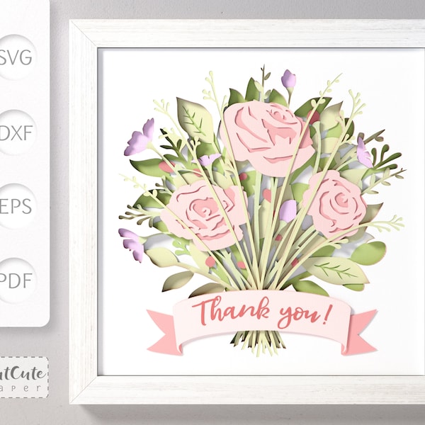 Floral Bouquet SVG Shadow Box Template, Flowers 3D SVG Shadowbox, Layered Cardstock Paper Project for Cricut or Cameo