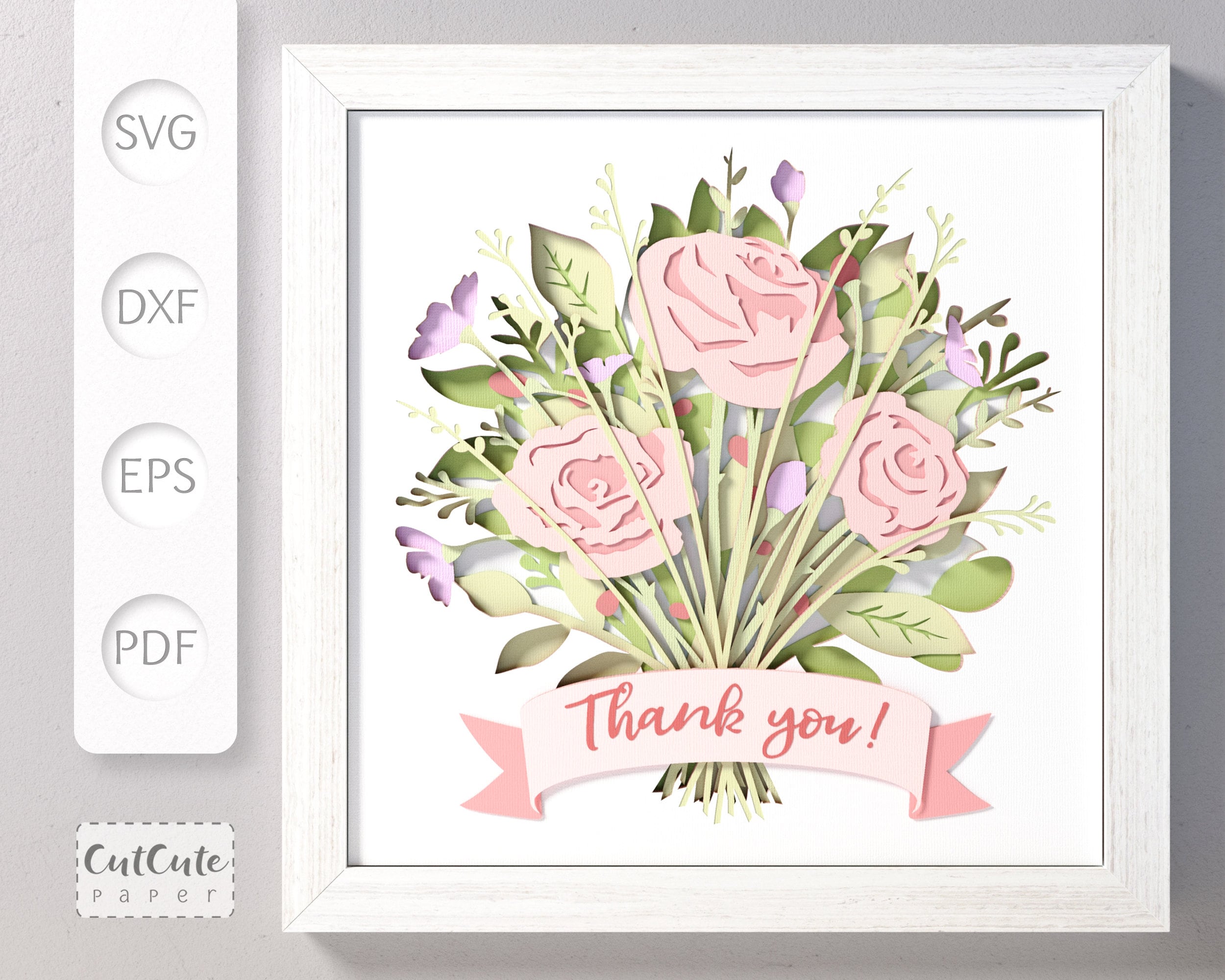 Floral Bouquet SVG Shadow Box Template, Flowers 3D SVG Shadowbox, Layered Cardstock Paper Project for Cricut or Cameo
