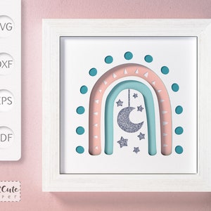 Rainbow & Moon Shadow Box SVG-sjabloon, 3D SVG Boho Rainbow Shadowbox, SVG voor Cricut, diy kinderkamer wanddecoratie, gesneden bestanden met maan en sterren