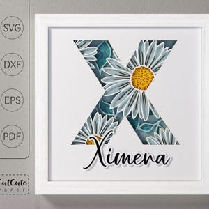 Plantilla SVG de caja de sombra con monograma floral letra X, decoración de pared recortada en papel en capas personalizable DIY con SVG 3D, archivos de corte de caja de sombra de margaritas