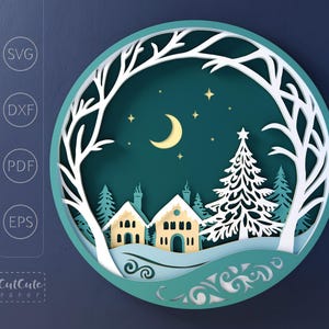 Couronne de Noël SVG rond ombre boîte modèle de décoration murale papier cartonné, projet d'artisanat en papier paysage de village enneigé pour Cricut, décoration hivernale