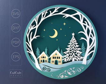 May include: A papercraft design featuring a winter scene with a crescent moon, stars, a snowy forest, and two houses. The design is in a circle with a teal border and white branches.