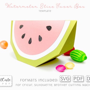 May include: A printable template for a watermelon slice favor box. The box is green, pink, and white with black seeds. The template is available in SVG, PDF, and DXF formats.