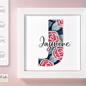 Plantilla SVG de caja de sombras con monograma floral letra J, decoración de pared con corte de papel en capas personalizable, archivos de corte de caja de sombras