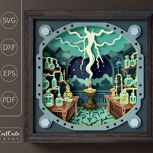 Puede incluir: Una pieza de arte en papel multicapa en un marco de madera oscura que representa una escena de laboratorio con vasos de precipitados, una poción central brillante y un cielo nocturno. El diseño presenta recortes intrincados, tonos azulados y verdosos, y etiquetas de texto SVG, DXF, EPS, PDF.