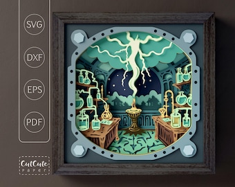 Mad Scientist Lab Shadow Box SVG, 3D Layered Paper Cut Gothic Science Decor, Lightning Storm Flasks, Cricut Silhouette
