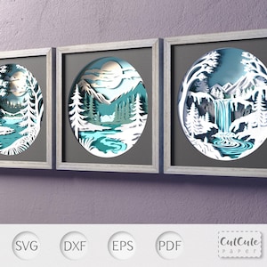 Paquete SVG de caja de sombras de invierno congelado, 3 plantillas de caja de sombras SVG 3D de nieve, decoración de pared de cabaña de bricolaje, proyecto de papel para Cricut, árboles nevados