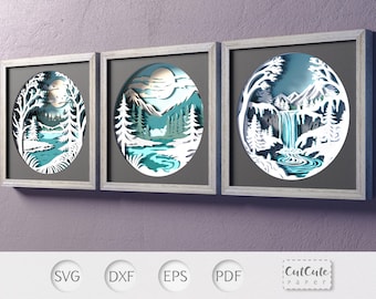 Winter Landscape Shadow Box SVG Bundle: Snowy Trees, Waterfall (3 Templates)