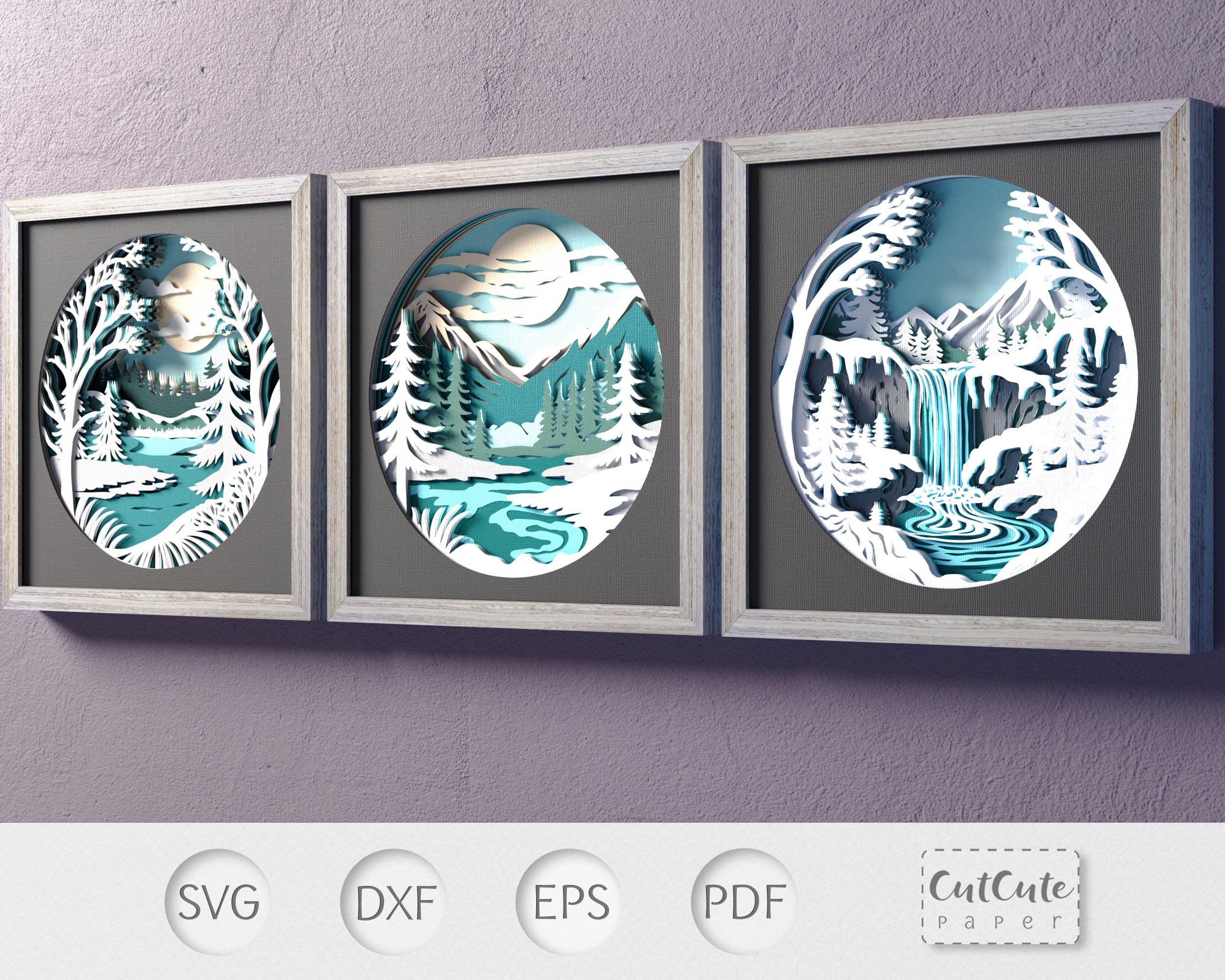 シャドーボックス　冬の風景 冬の風景シャドーボックス SVG バンドル: 雪に覆われた木々、滝 (3