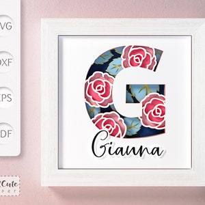 Plantilla SVG de caja de sombra con monograma floral letra G, decoración de pared recortada en papel en capas personalizable con SVG 3D, archivos de corte Sadowbox