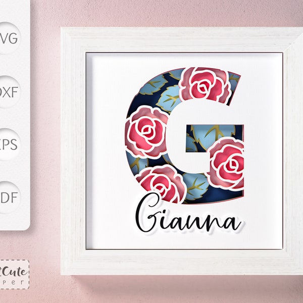 Shadow Box SVG Template with Floral Monogram Letter G , 3D SVG diy Customizable Layered Paper Cut Wall Decor, Sadowbox Cut Files